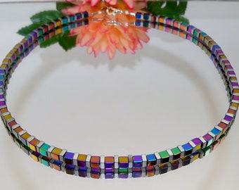 Collana A Cubi In Ematite Multicolore Argento Opaco – Handmade Acciaio, Regolazione Tedesca - Foto 4