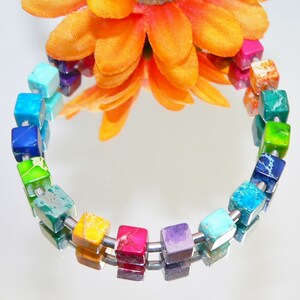 Bracelet, bangle, pearls, jasper gemstone, hematite pins, multicolor, red, green, yellow, blue, purple