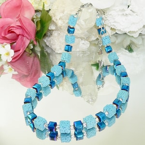 Chain, necklace, cube chain, cube, lava, hematite, shiny, blue, light blue, dark blue, turquoise,