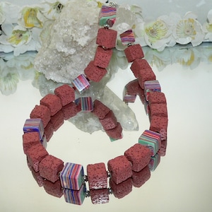 Necklace, necklace, cube necklace, cube, lava, synth turquoise, pearls, red, dark red, silver
