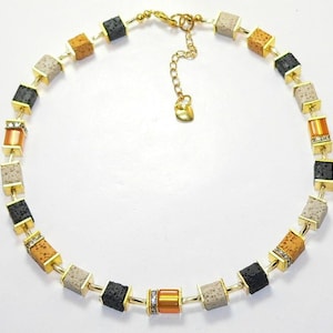 Chain, necklace, necklace, cube chain, lava cube, polaris cube, rhinestone, gold, black, curry, sand, yellow,