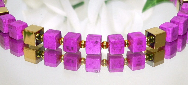 Necklace, cube chain, chain, collier, cube, cube, necklace, cube, synth turquoise, hematite, purple, violet, gold, image 2