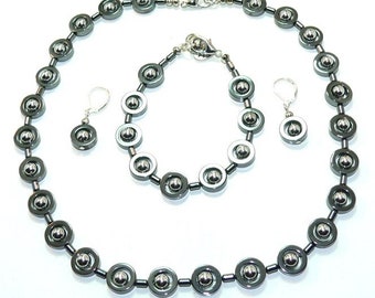 3pcs ensemble de bijoux, collier, bracelet, boucles d’oreilles, collier, cadre en hématite, perles acryliques, noir, argent,