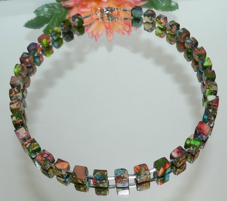 Chain, collier, chain of cubes, necklace, cube, cube, picaso jasper, hematite, multicolor, multicolored, colourful, image 3