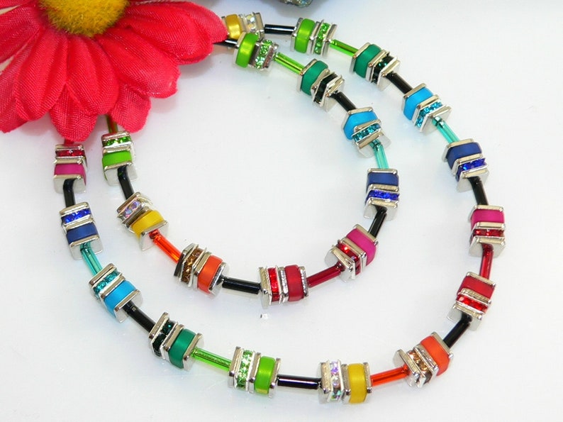 green necklace yellow Chain neck chain rhinestone multicolor Polarisw\u00fcrfel blue multi colored green cube chain red