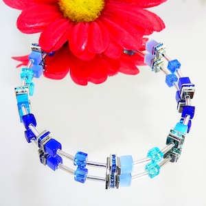 Bracelet, cube bracelet, glass jewelry, crystal glass, cateye cube, rhinestones, blue, light blue, dark blue, turquoise,