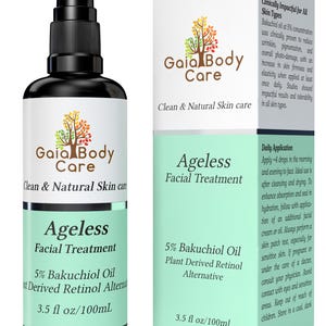 May include: A 3.5 fl oz bottle of Gaia Body Care Ageless Facial Treatment with 5% Bakuchiol Oil, a plant-derived retinol alternative. The bottle is clear glass with a black pump top and a green label with white text. The label features a green tree logo and the text "Clean & Natural Skin Care".