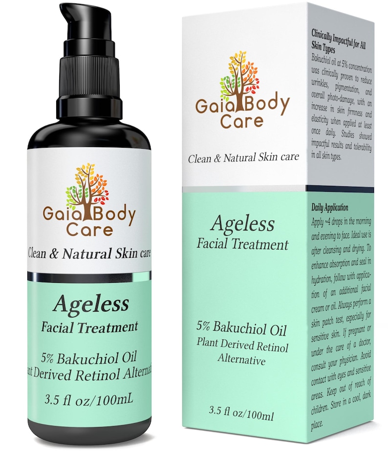 May include: A 3.5 fl oz bottle of Gaia Body Care Ageless Facial Treatment with 5% Bakuchiol Oil, a plant-derived retinol alternative. The bottle is clear glass with a black pump top and a green label with white text. The label features a green tree logo and the text "Clean & Natural Skin Care".