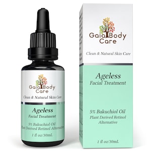 May include: A 1 fl oz (30 ml) bottle of Gaia Body Care Ageless Facial Treatment with 5% Bakuchiol Oil, a plant-derived retinol alternative. The bottle is clear glass with a black dropper and a white label with green accents.