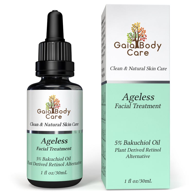 May include: A 1 fl oz (30 ml) bottle of Gaia Body Care Ageless Facial Treatment with 5% Bakuchiol Oil, a plant-derived retinol alternative. The bottle is clear glass with a black dropper and a white label with green accents.