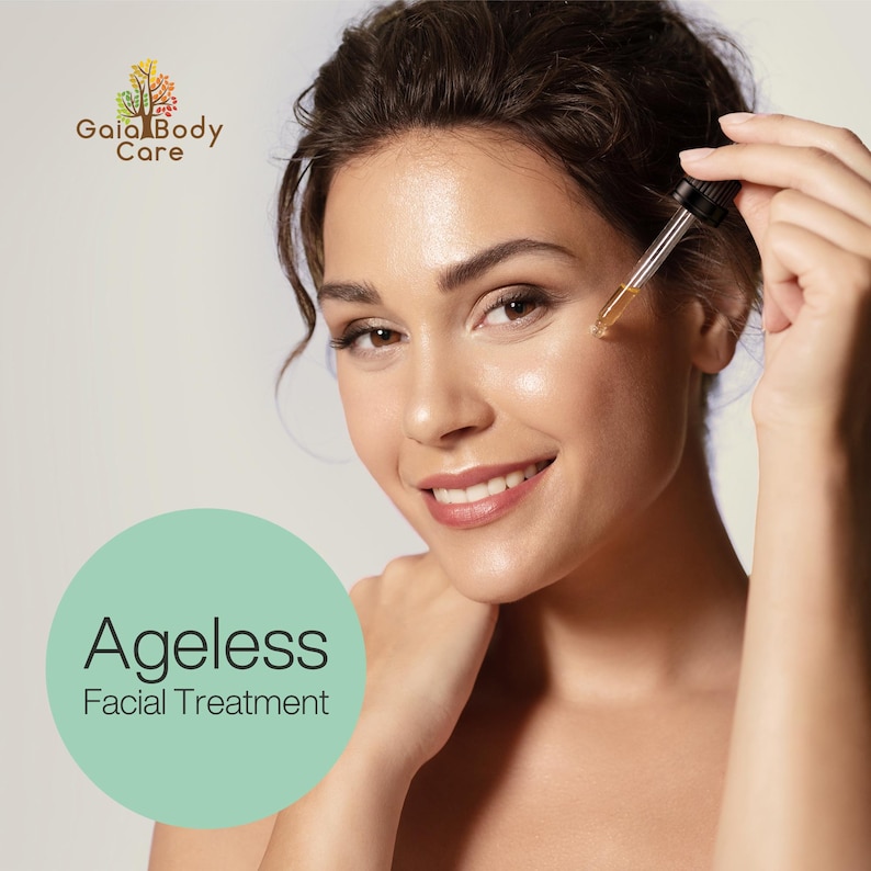 May include: A woman smiles while applying a facial treatment serum with a dropper. The text "Ageless Facial Treatment" is on a green circle.