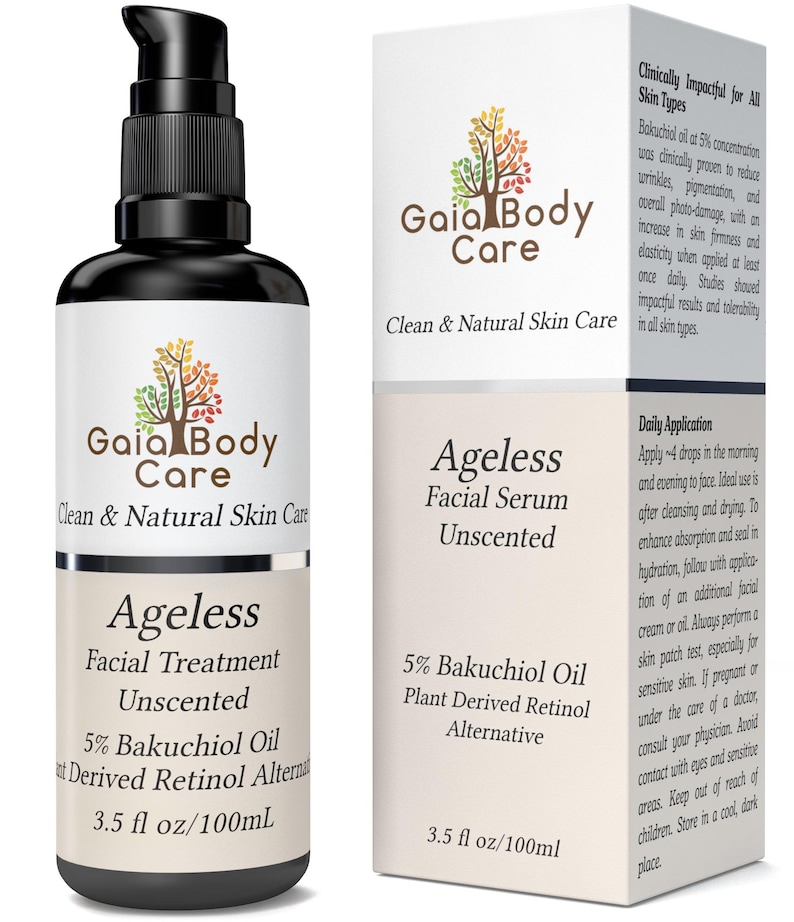 May include: Two bottles of Ageless Facial Treatment and Serum by Gaia Body Care. Both bottles are 3.5 fl oz/100mL and contain 5% Bakuchiol Oil, a plant-derived retinol alternative. The serum is unscented. The product is clinically impactful for all skin types.