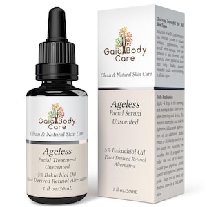 May include: A clear glass bottle with a black dropper lid and a white label. The label says "Gaia Body Care" and "Ageless Facial Treatment Unscented 5% Bakuchiol Oil Plant Derived Retinol Alternative 1 fl oz/30mL". The bottle is next to a white box with a similar label that says "Ageless Facial Serum Unscented 5% Bakuchiol Oil Plant Derived Retinol Alternative 1 fl oz/30mL".