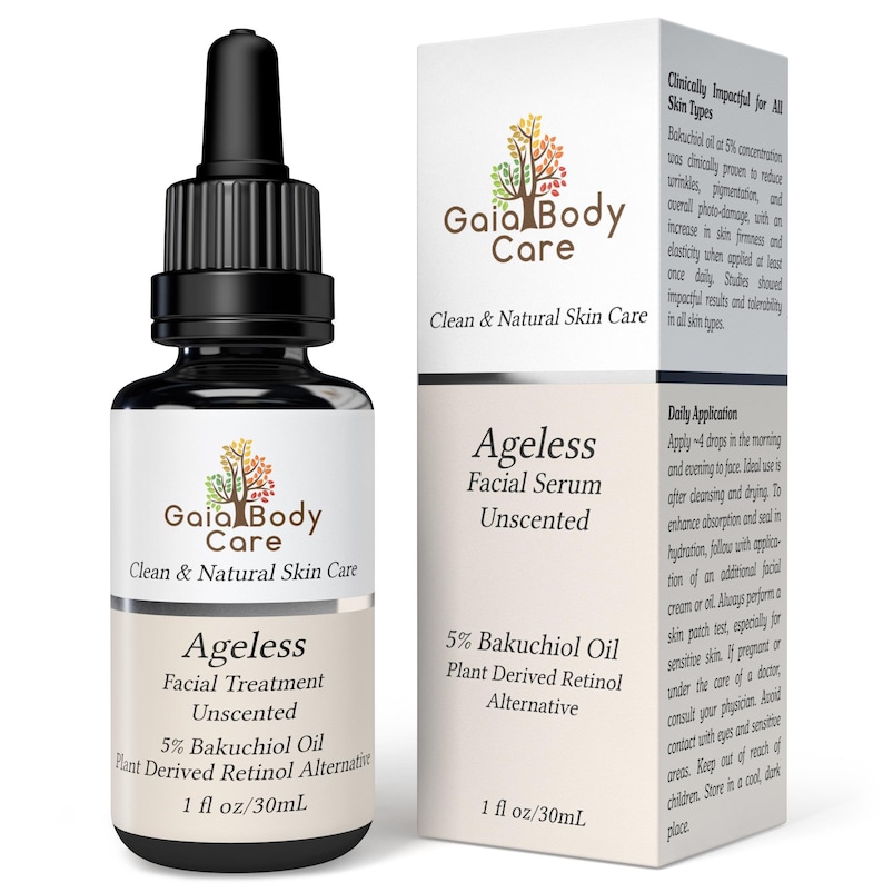 May include: A clear glass bottle with a black dropper lid and a white label. The label says "Gaia Body Care" and "Ageless Facial Treatment Unscented 5% Bakuchiol Oil Plant Derived Retinol Alternative 1 fl oz/30mL". The bottle is next to a white box with a similar label that says "Ageless Facial Serum Unscented 5% Bakuchiol Oil Plant Derived Retinol Alternative 1 fl oz/30mL".