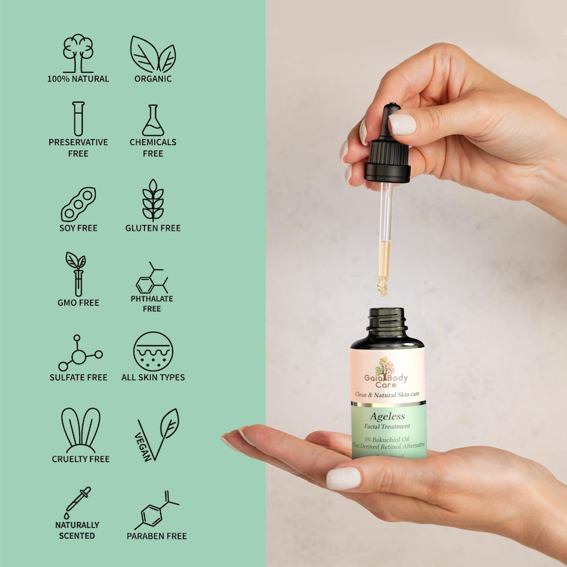 May include: A glass bottle of Ageless Facial Treatment by Gaia Body Care. The bottle is labeled with the text "Clean & Natural Skin Care" and "Ageless Facial Treatment 30 Bakuchiol Oil for Improved Retinol Alternative". The bottle has a dropper and is being held by a hand. The bottle is surrounded by icons that indicate the product is 100% natural, organic, preservative free, chemical free, soy free, gluten free, GMO free, phthalate free, sulfate free, cruelty free, vegan, naturally scented, and paraben free.