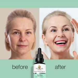 May include: Before and after photos of a woman's face, showing the results of using a facial treatment serum. The serum bottle is labeled "Gala Body Care Ageless Facial Treatment".