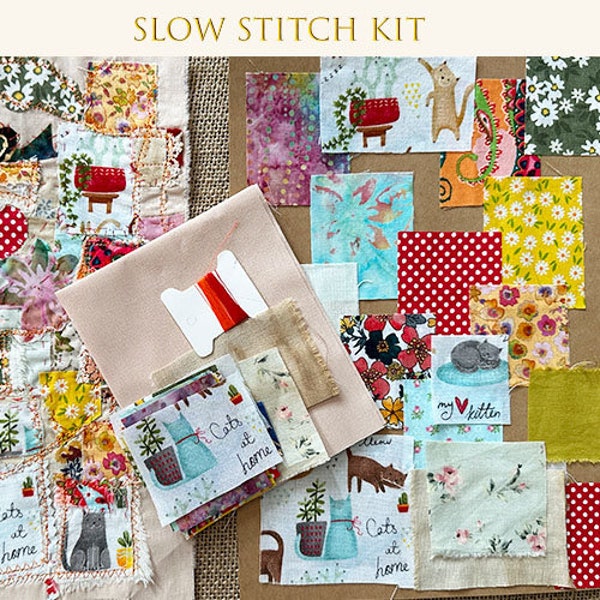 Slow stitch kit, Cats at home! hand sewing kit