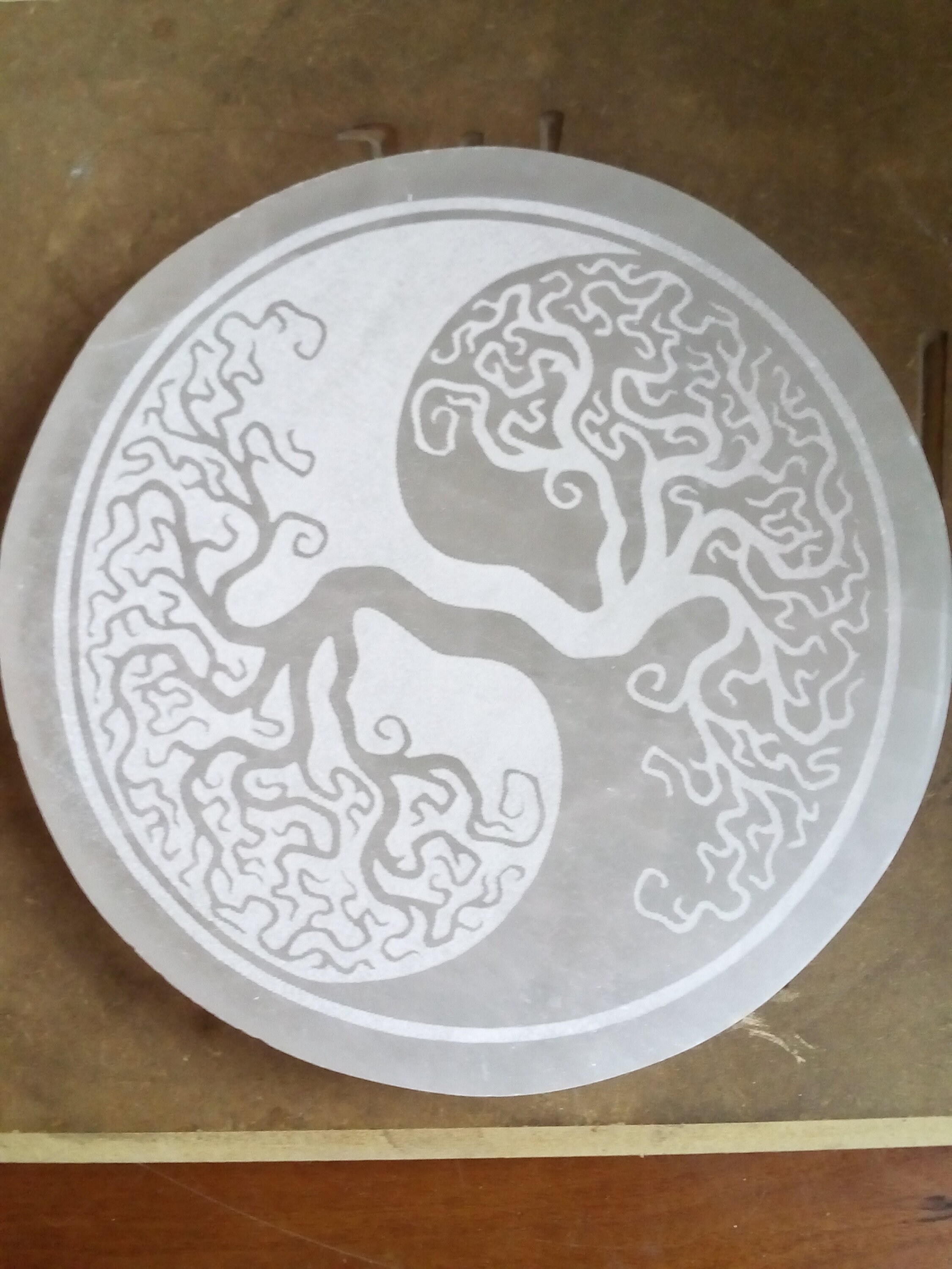 Yin Yang Tree Of Life Symbol Engraved Selenite Charging Plate Altar Disc Meditation Reiki Crystal Healing