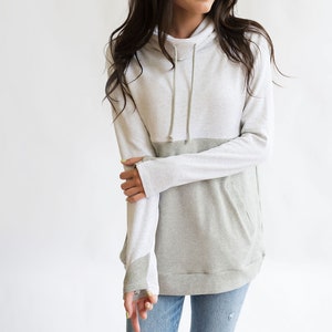 Light gray nursing sweatshirt with zipper access for breastfeeding