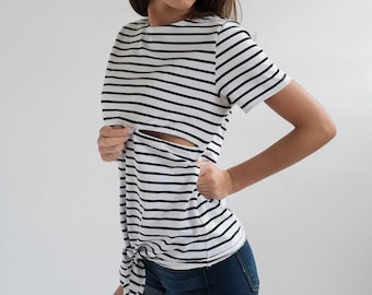 Cotton Nursing Shirt, Breastfeeding Tee, New Mom Gift, Nursing Tee, Zipper Nursing Shirt, Black/White Striped Tie Tee