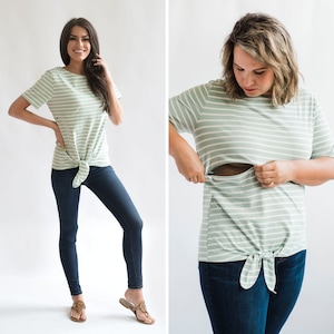 Nursing Tops For Breastfeeding - Short-Sleeve Nursing Shirts for Summer - Front Tie- Mint/White