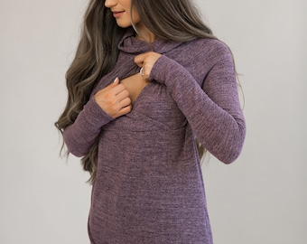 Purple Asymmetrical Nursing Sweater, Breastfeeding Sweater For Moms, Nursing Top For Breastfeeding