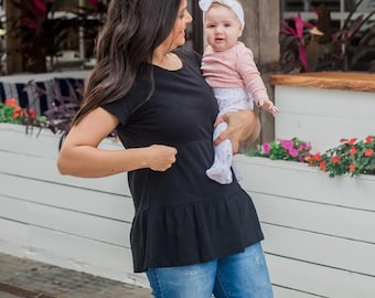 Cotton Nursing Top, Hidden Zipper Nursing Shirt, Cute Breastfeeding Shirt, New Mom Gift, Black Ruffle