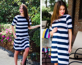 Cotton Nursing Dress With Pockets- Wide Stripe- Navy