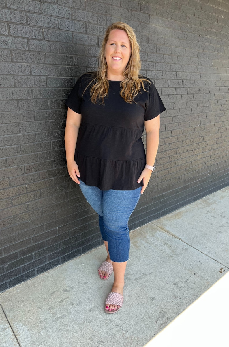 Black ruffle nursing top for breastfeeding mom