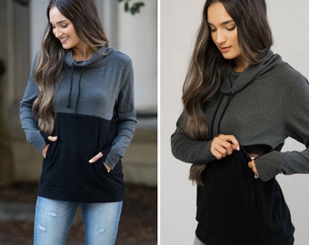 Nursing Clothes - Nursing Tops for Breastfeeding - Nursing Hoodie - Nursing Colorblock Pullover with Pockets - Black/Dark Gray