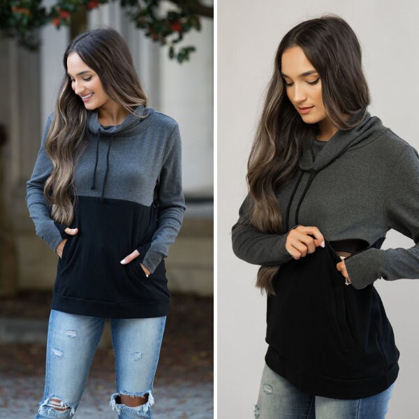 Nursing Clothes - Nursing Tops for Breastfeeding - Nursing Hoodie - Nursing Colorblock Pullover with Pockets - Black/Dark Gray