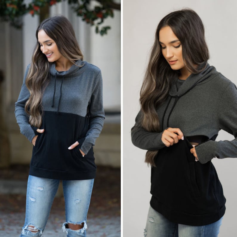 Nursing Clothes Nursing Tops for Breastfeeding Nursing Hoodie Nursing Colorblock Pullover with Pockets Black/Dark Gray image 1