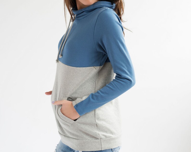 Nursing Clothes Colorblock- BlueGray Nursing Hoodie with Pockets Nursing Tops for Breastfeeding