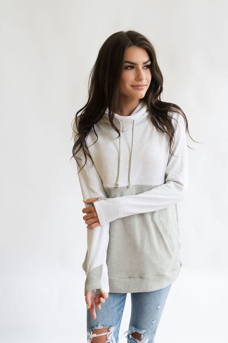 Light gray nursing sweatshirt with zipper access for breastfeeding