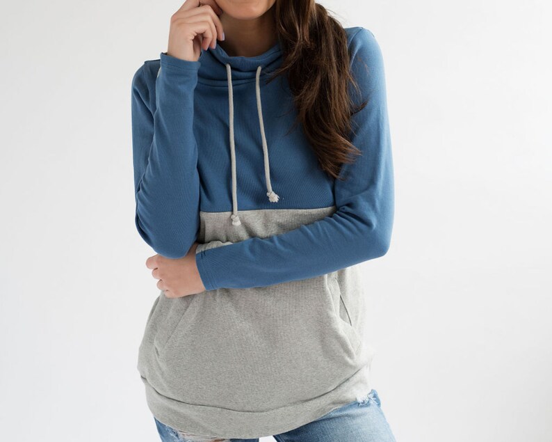 Nursing Clothes Colorblock- BlueGray Nursing Hoodie with Pockets Nursing Tops for Breastfeeding