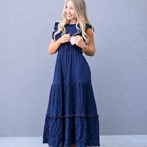 blue bridesmaid dress Simple Dark Chiffon Long Prom Blue Dress US 10 / Dark Blue A-Line/Two-Piece Ankle Length Soft One-Piece Size:6 Red_Collar_Dress allowing your bridesmaids to