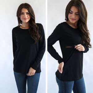 Nursing Tops for Breastfeeding- Cotton Long Sleeve Shirt- Black