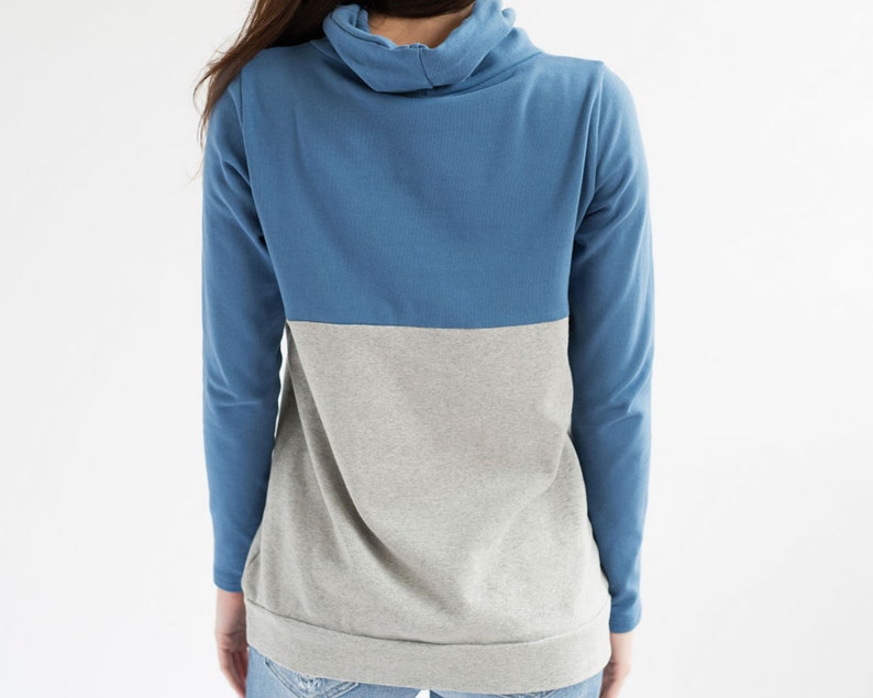 Nursing Clothes Colorblock- BlueGray Nursing Hoodie with Pockets Nursing Tops for Breastfeeding