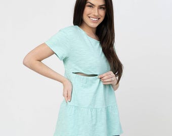 Cotton Nursing Top, Zipper Breastfeeding Shirt, Nursing Shirt For Breastfeeding Moms, New Mom Gift, Ruffle Mint
