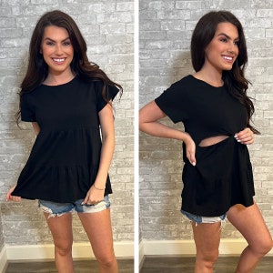 Nursing Shirt for Breastfeeding- Nursing Top- Ruffle Nursing Tee- Black