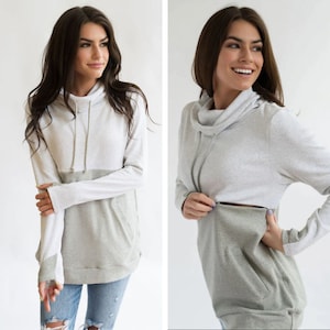 Nursing Clothes - Nursing Tops for Breastfeeding - Nursing Hoodie - Colorblock- Light Gray/Gray