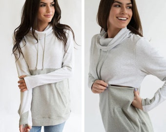 Nursing Clothes - Nursing Tops for Breastfeeding - Nursing Hoodie - Colorblock- Light Gray/Gray