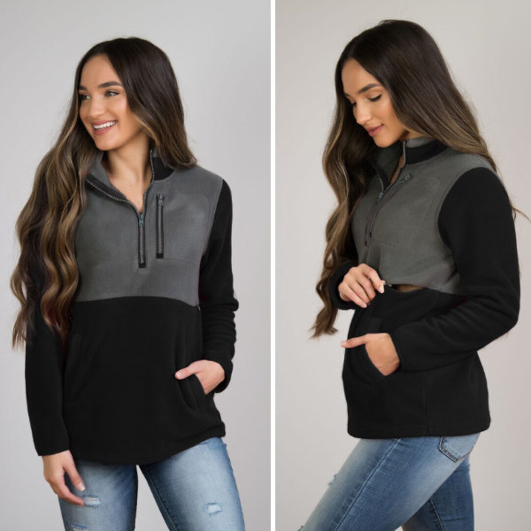 Nursing Fleece Jacket Nursing Top for Breastfeeding 1/4 Zip Black and
