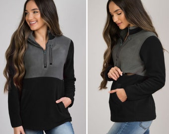 Nursing Fleece Jacket - Nursing Top for Breastfeeding- 1/4 Zip- Black and Gray