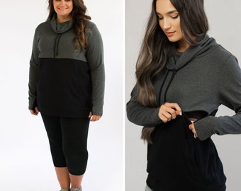 Nursing Sweatshirt With Pockets- Nursing Tops for Breastfeeding - Nursing Hoodie - Hidden Zipper- Dark Gray/Black