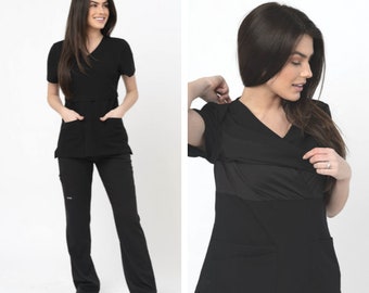 Medical Nursing Scrubs For Breastfeeding- Black