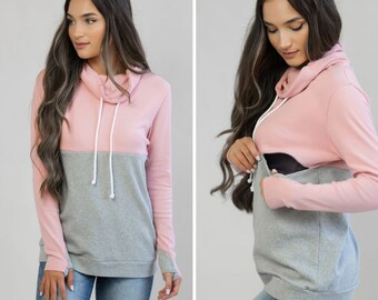 Nursing Sweatshirt with Pockets - Nursing Clothes - Nursing Shirts for Breastfeeding - Nursing Hoodie - Colorblock- Pink