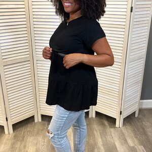 Black ruffle nursing top for breastfeeding mom