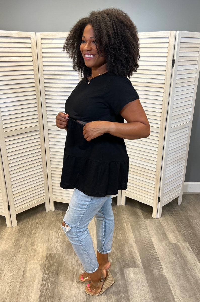 Black ruffle nursing top for breastfeeding mom
