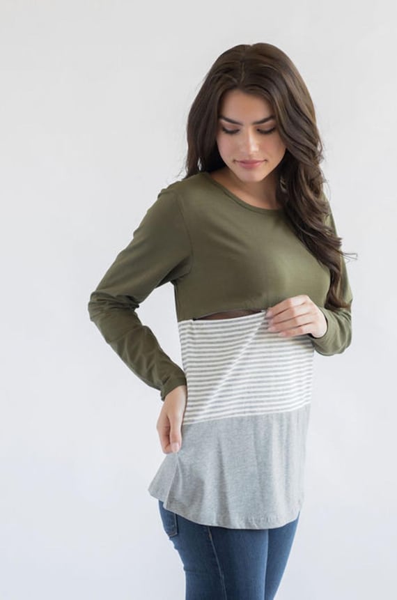 Long Sleeve Nursing Top, Breastfeeding Top, Colorblock Nursing Shirt, Zipper Nursing Tshirt, Breastfeeding Shirt- 3 Block Olive